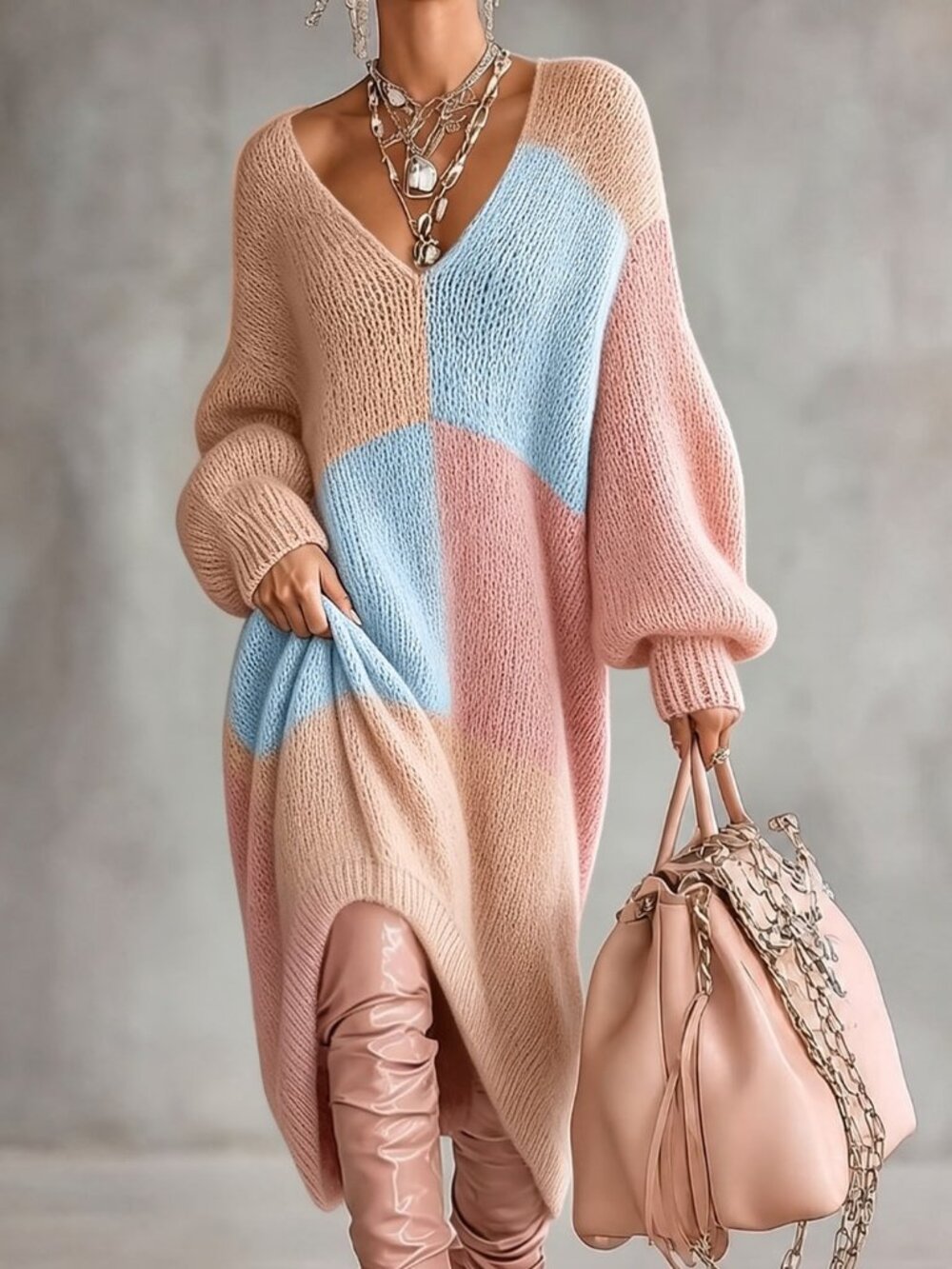 Pink & Blue Casual Women's Rib-Knit V-Neck Colorblock Dress